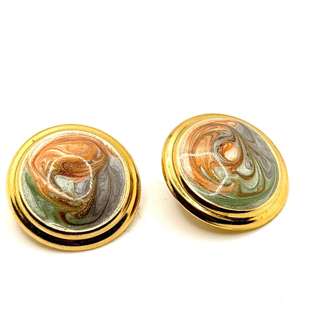 Vintage 80s Gold Handpainted Enamel Swirl Chunky Statement Stud Earrings